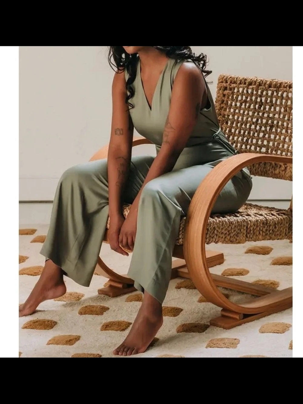 Ettitude Sateen Jumpsuit Bamboo V-Neck Wide Leg In Olive $315 Sz M, New!